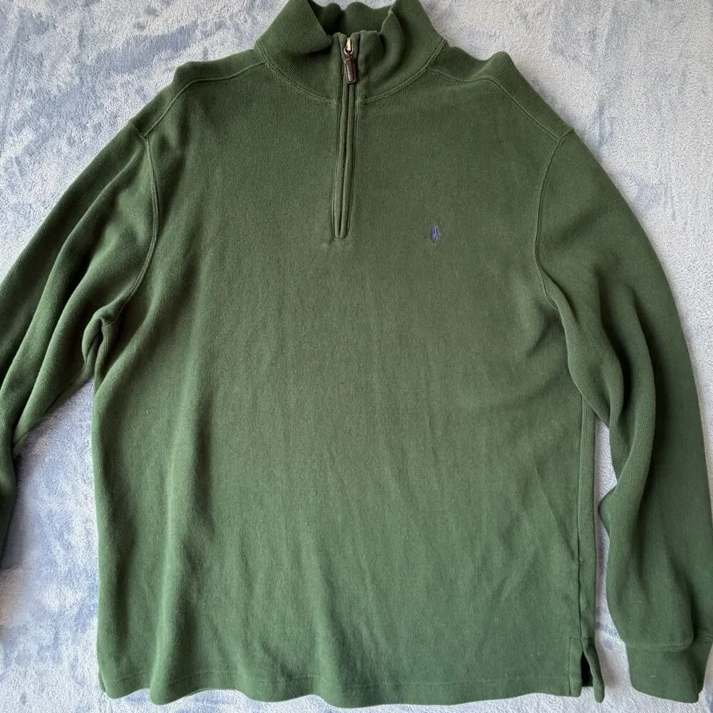 Vintage Polo Ralph Lauren Men XL Green 1/4 Zip Pullover Sweater Pony YKK